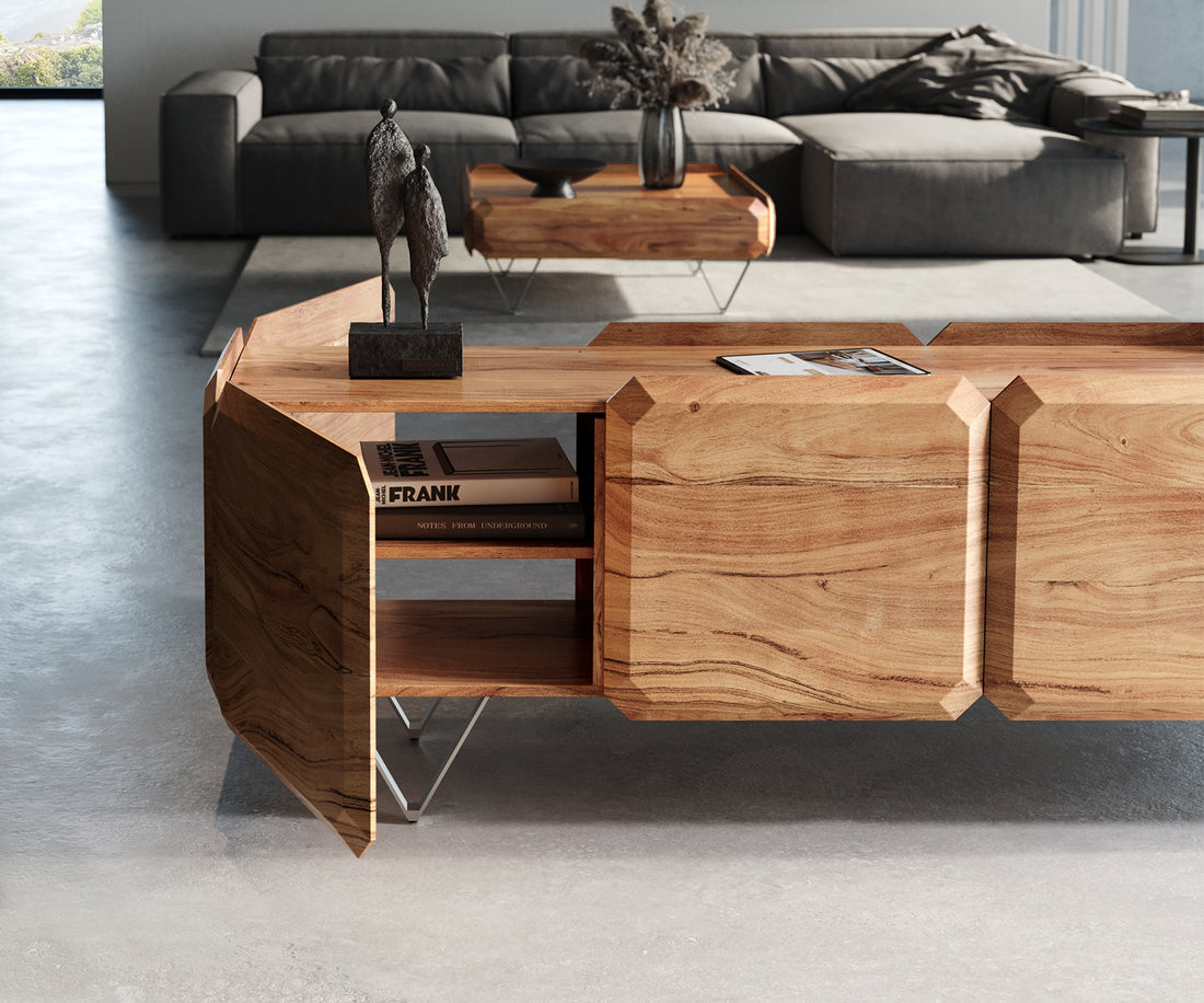 TV Stand Kiano 200cm 8 Doors Acacia Wood Natural V-Feet Silver