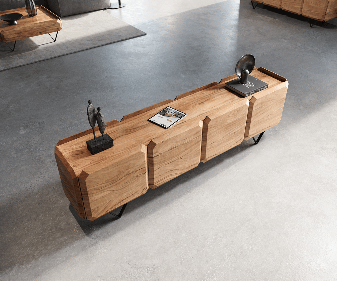 TV Stand Kiano 200cm 8 Doors Acacia Wood Natural V-Feet Black