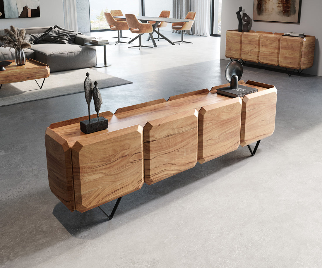 TV Stand Kiano 200cm 8 Doors Acacia Wood Natural V-Feet Black