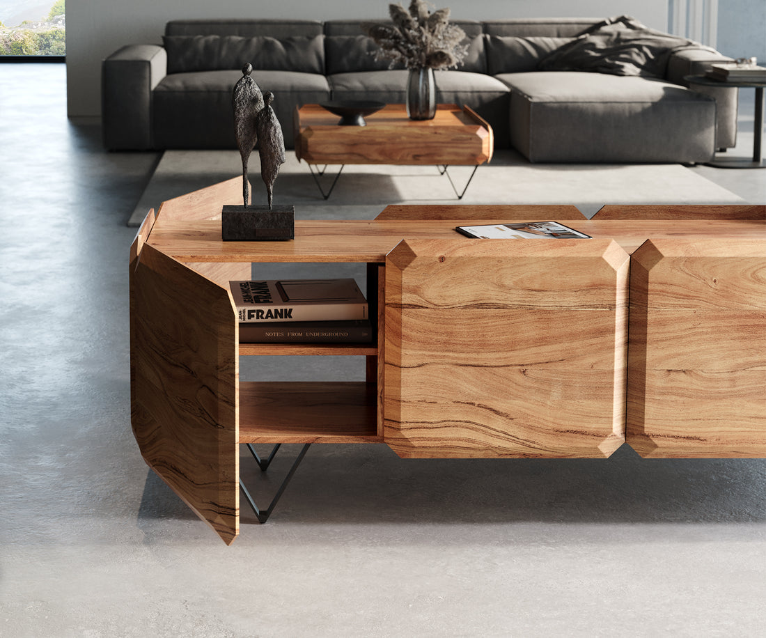 TV Stand Kiano 200cm 8 Doors Acacia Wood Natural V-Feet Black