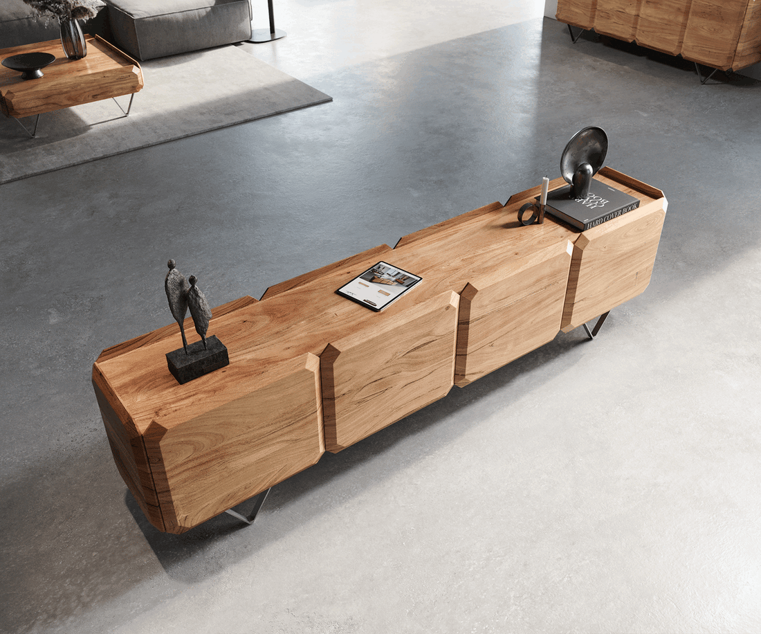 TV Stand Kiano 220cm 8 Doors Acacia Wood Natural V-Feet Silver