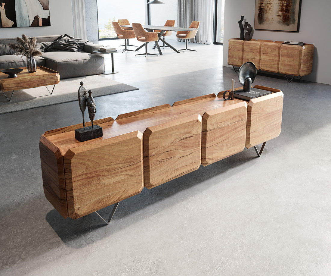 TV Stand Kiano 220cm 8 Doors Acacia Wood Natural V-Feet Silver