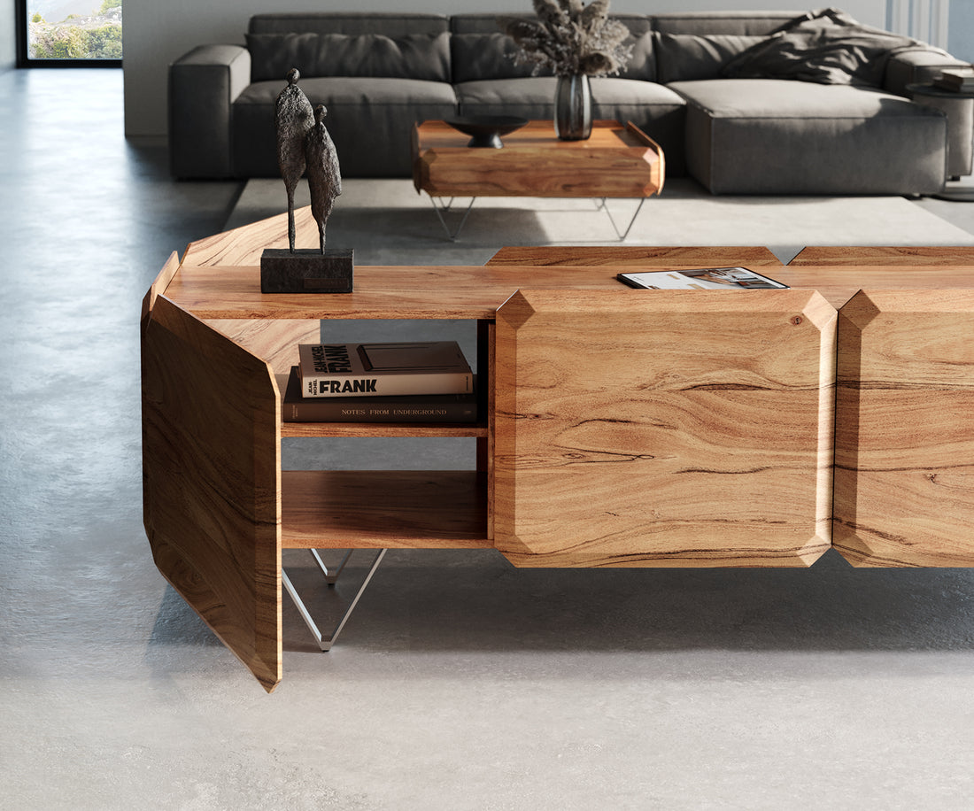 TV Stand Kiano 220cm 8 Doors Acacia Wood Natural V-Feet Silver