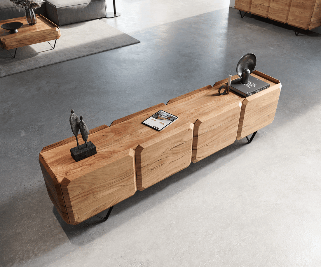 TV Stand Kiano 220cm 8 Doors Acacia Wood Natural V-Feet Black