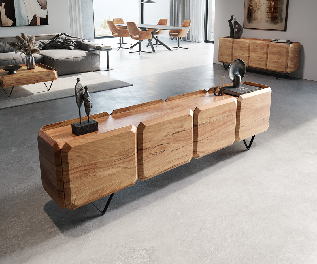 TV Stand Kiano 220cm 8 Doors Acacia Wood Natural V-Feet Black