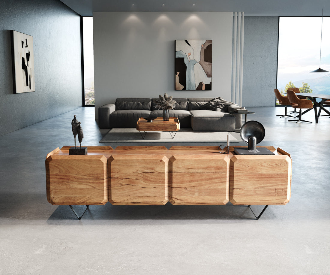 TV Stand Kiano 220cm 8 Doors Acacia Wood Natural V-Feet Black