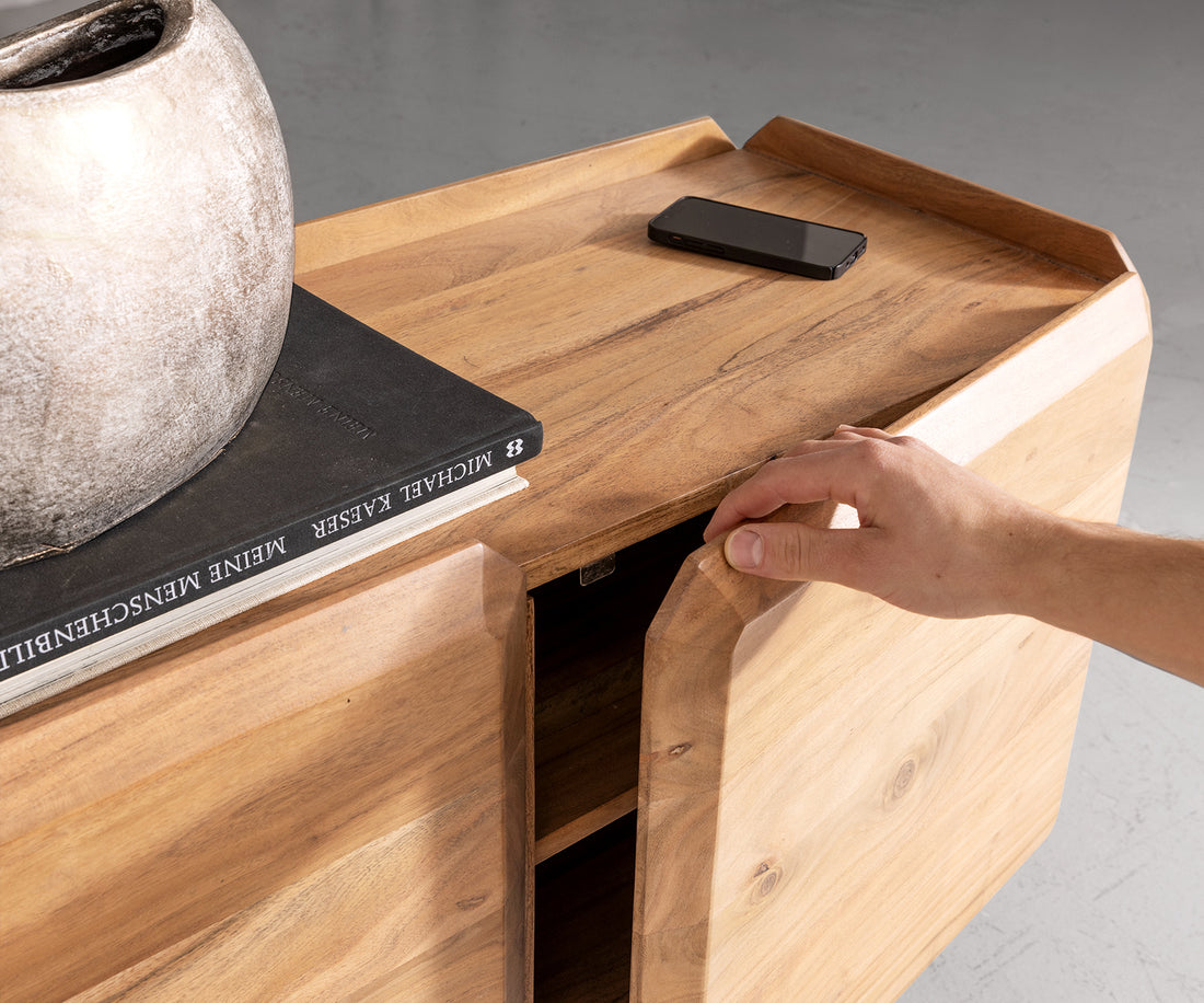 TV Stand Kiano 220cm 8 Doors Acacia Wood Natural V-Feet Black