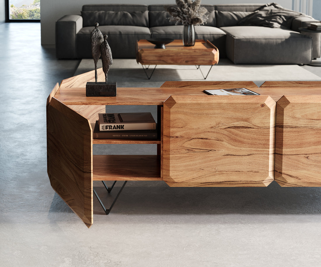 TV Stand Kiano 220cm 8 Doors Acacia Wood Natural V-Feet Black