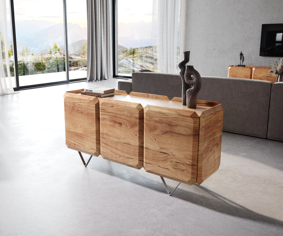 Sideboard Kiano 145cm 6 Doors Acacia Wood Natural V-Feet Silver