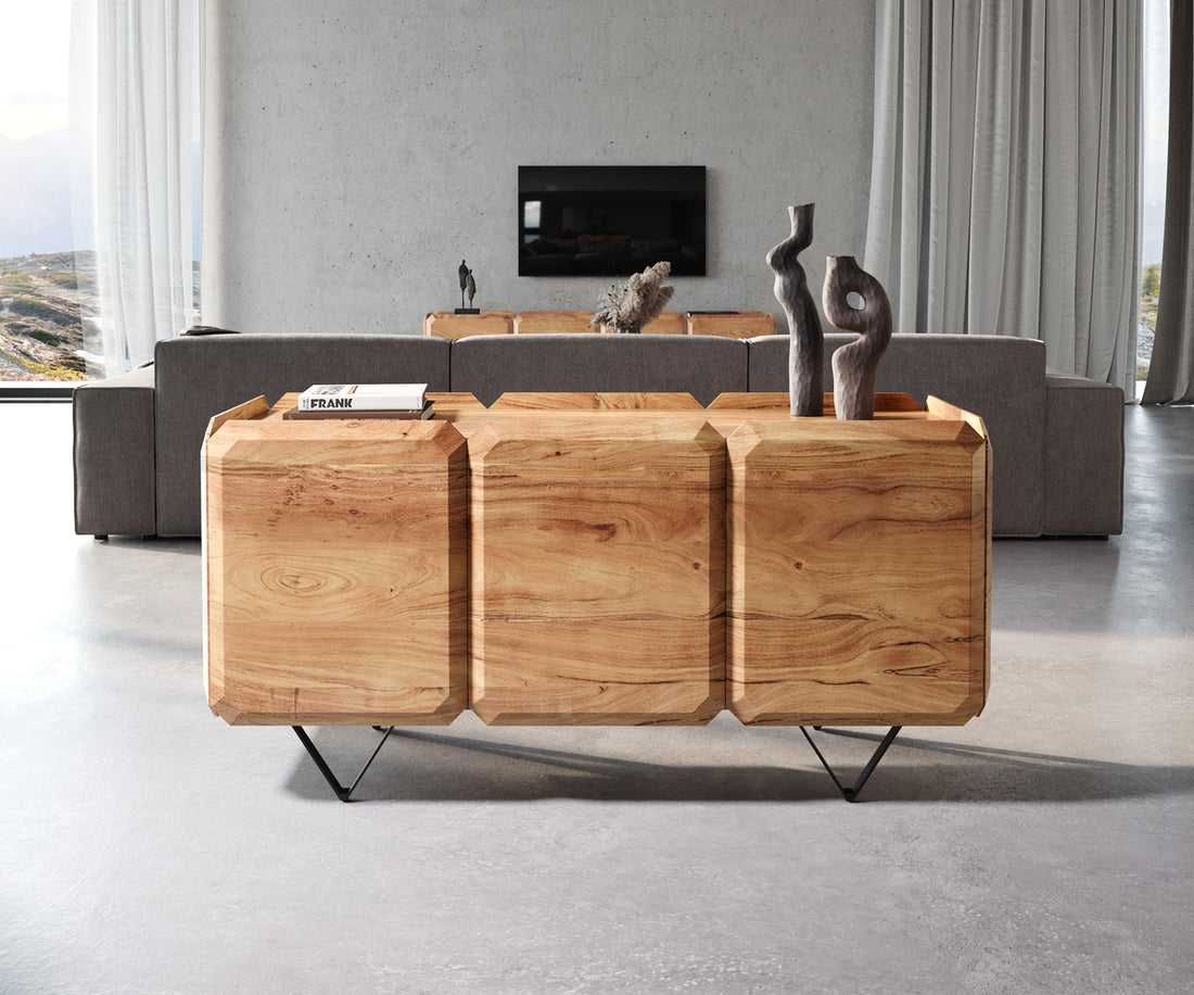 Sideboard Kiano 145cm 6 Doors Acacia Wood Natural V-Feet Black