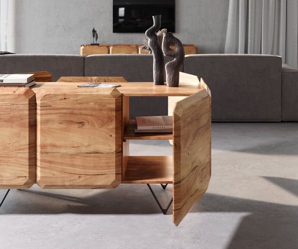 Sideboard Kiano 145cm 6 Doors Acacia Wood Natural V-Feet Black