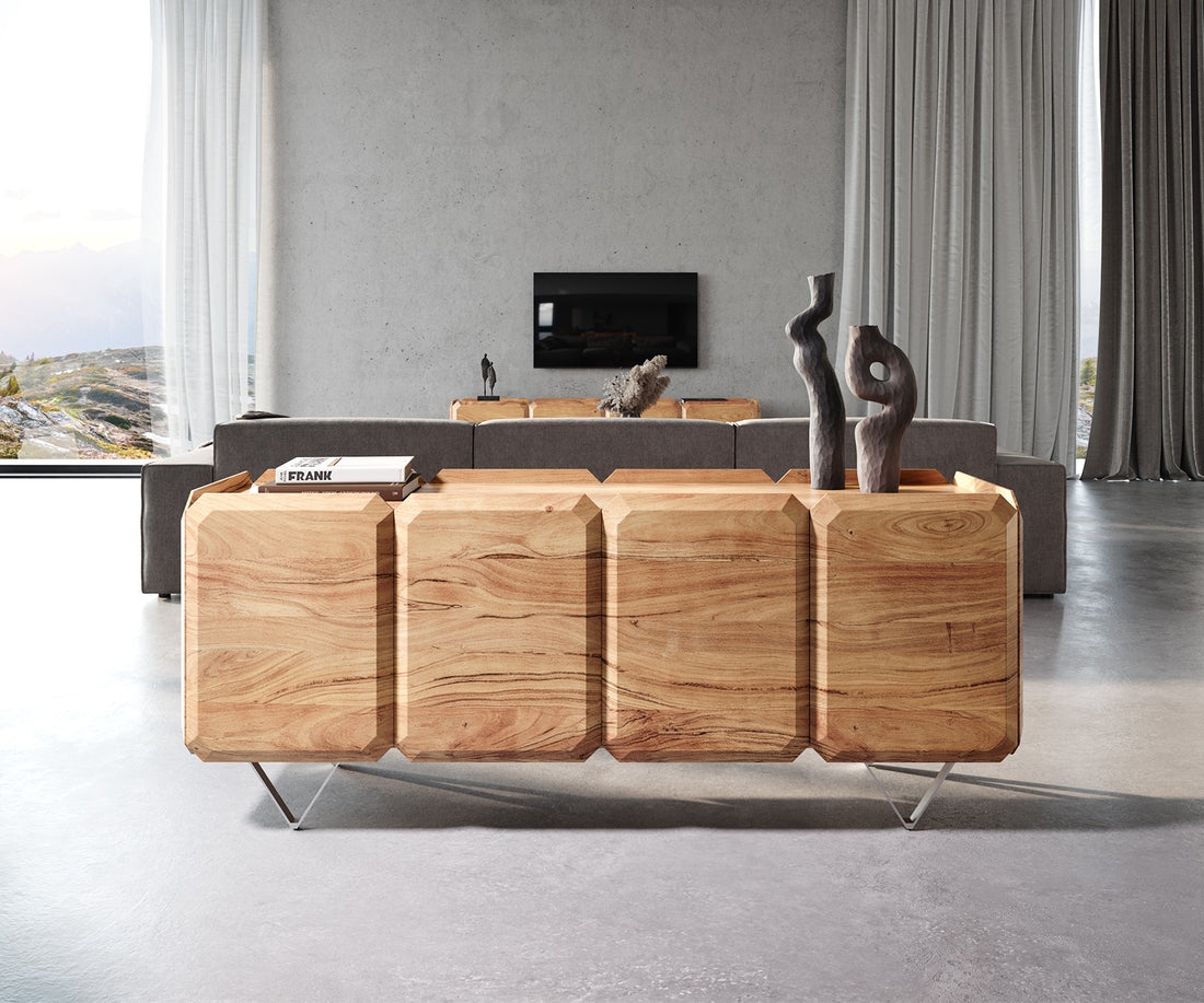 Sideboard Kiano 175cm 8 Doors Acacia Wood Natural V-Feet Silver
