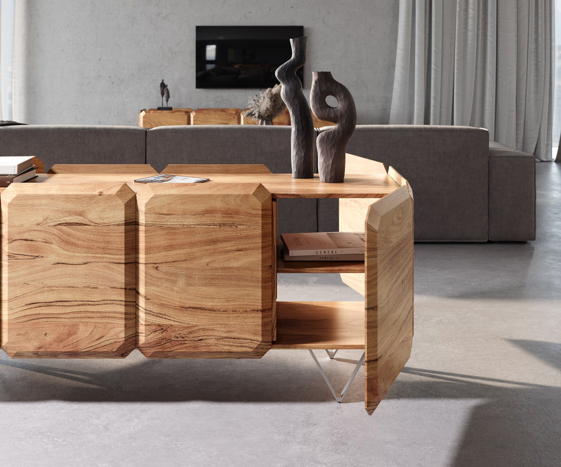 Sideboard Kiano 175cm 8 Doors Acacia Wood Natural V-Feet Silver