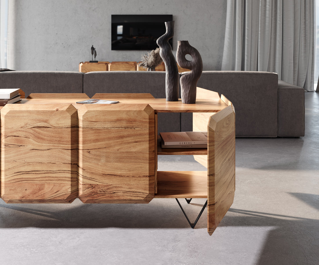 Sideboard Kiano 175cm 8 Doors Acacia Wood Natural V-Feet Black