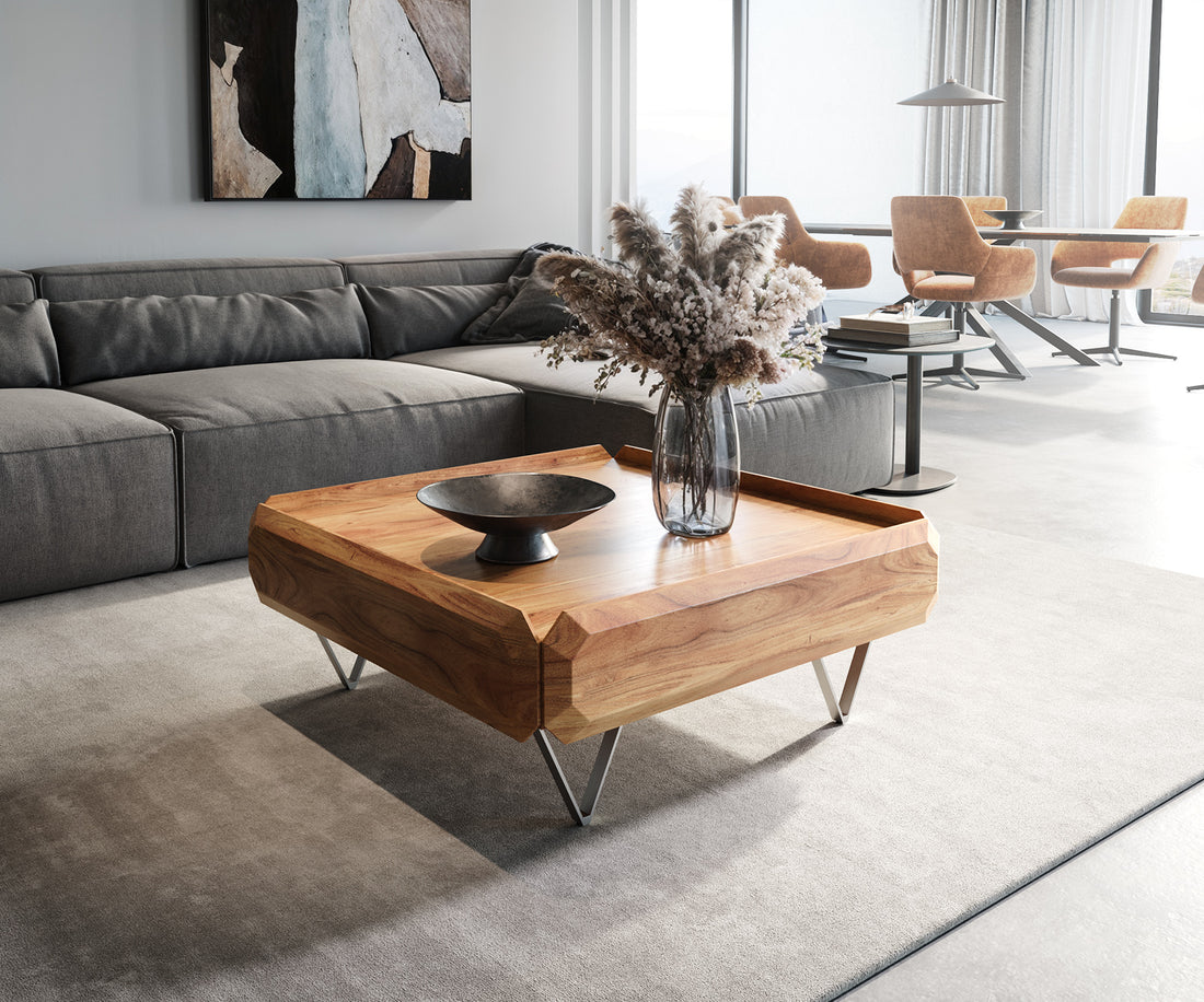 Coffee Table Kiano 90x90 cm 2 Drawers Acacia Wood Natural V-Feet Silver