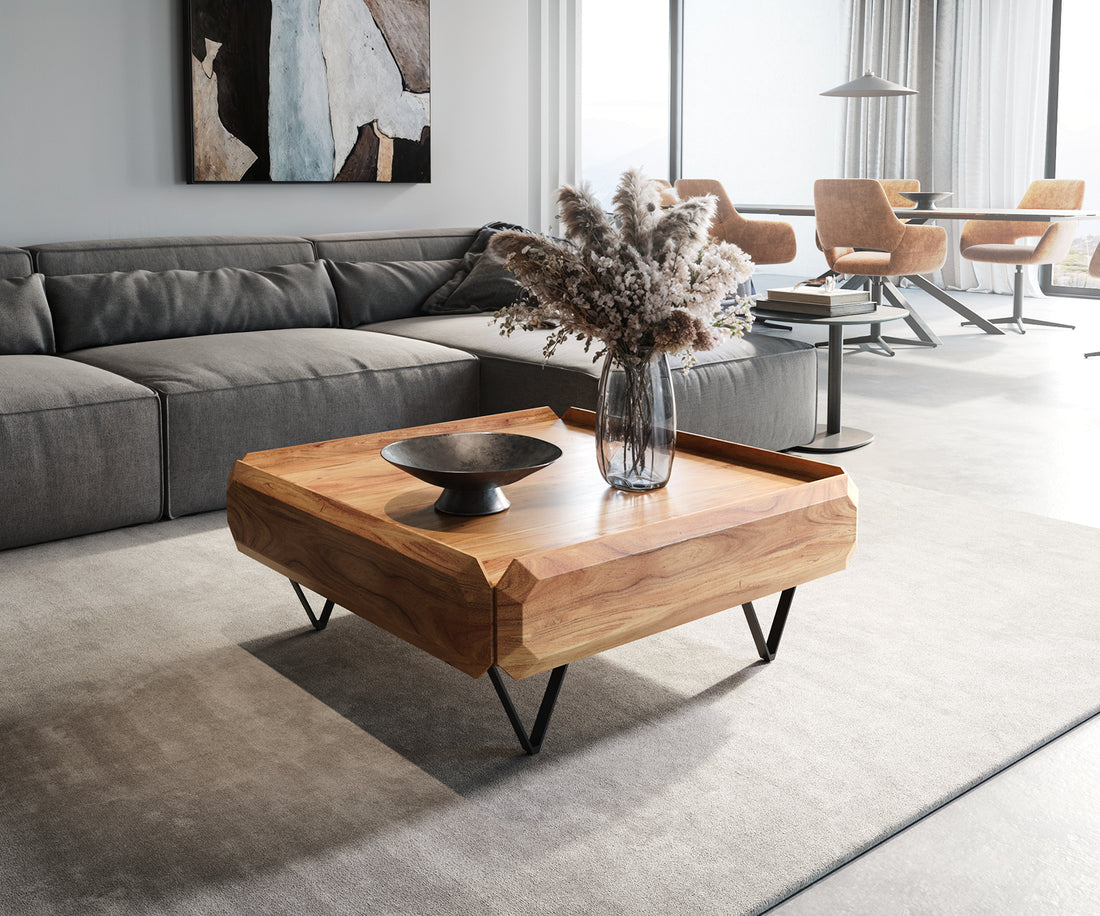 Coffee Table Kiano 90x90 cm 2 Drawers Acacia Wood Natural V-Feet Black