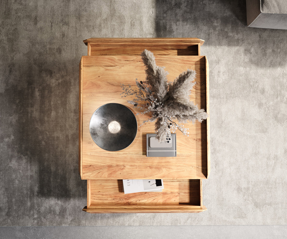 Coffee Table Kiano 90x90 cm 2 Drawers Acacia Wood Natural V-Feet Black