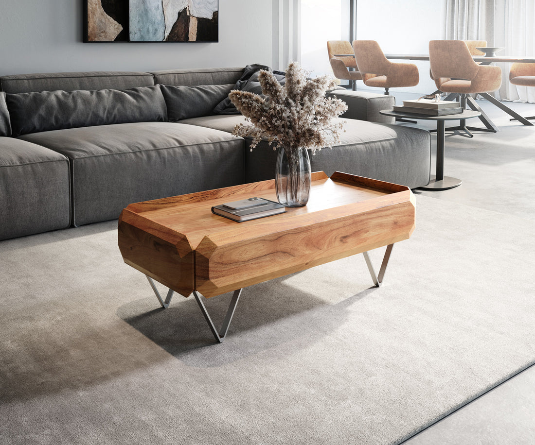 Coffee Table Kiano 100x50 cm 2 Drawers Acacia Wood Natural V-Feet Silver