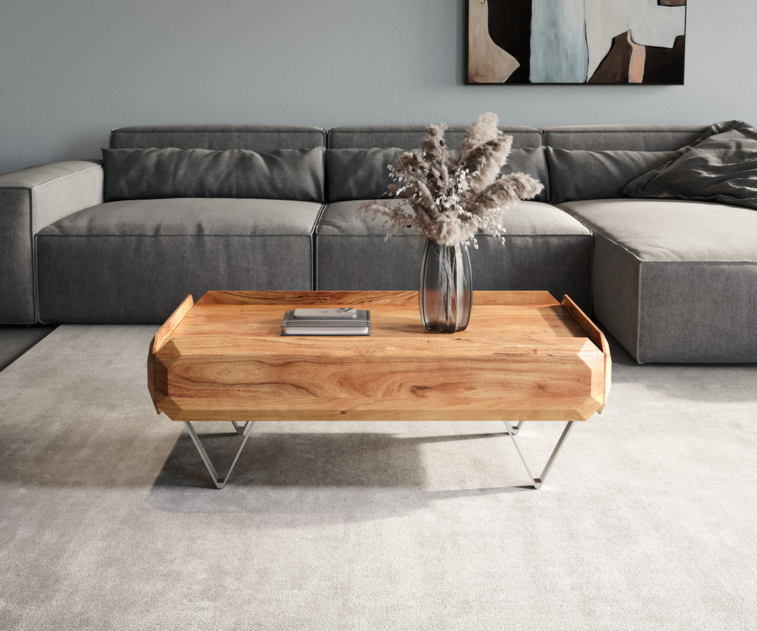 Coffee Table Kiano 100x50 cm 2 Drawers Acacia Wood Natural V-Feet Silver