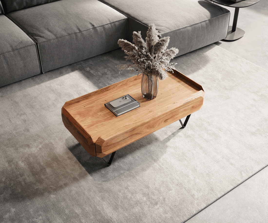 Coffee Table Kiano 100x50 cm 2 Drawers Acacia Wood Natural V-Feet Black