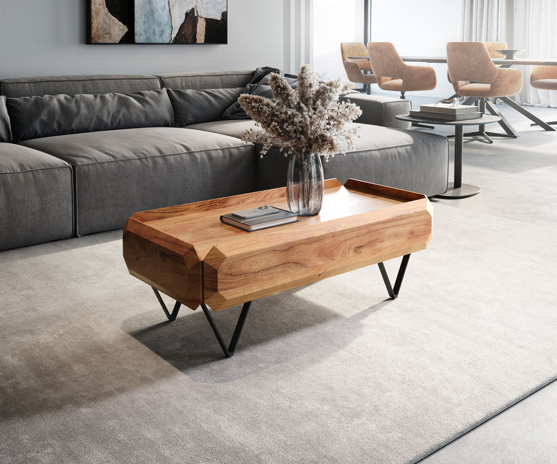 Coffee Table Kiano 100x50 cm 2 Drawers Acacia Wood Natural V-Feet Black