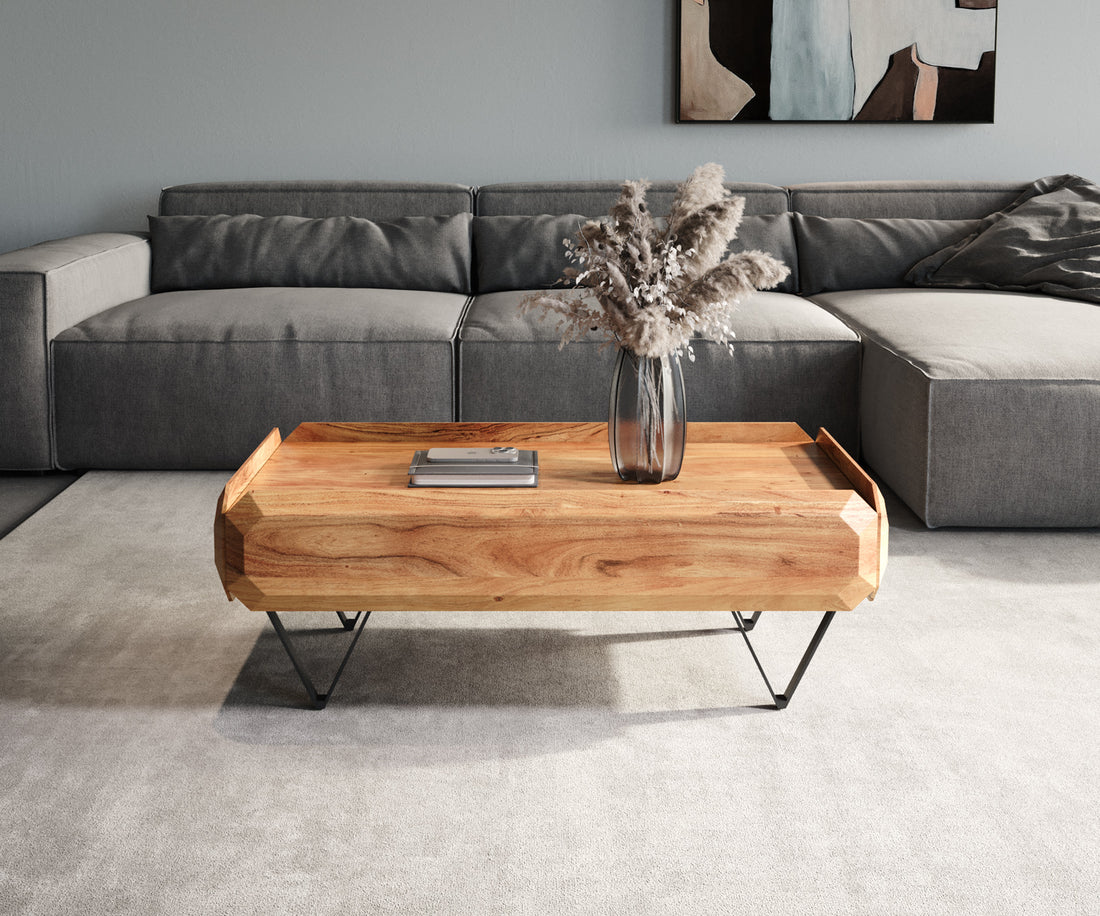 Coffee Table Kiano 100x50 cm 2 Drawers Acacia Wood Natural V-Feet Black