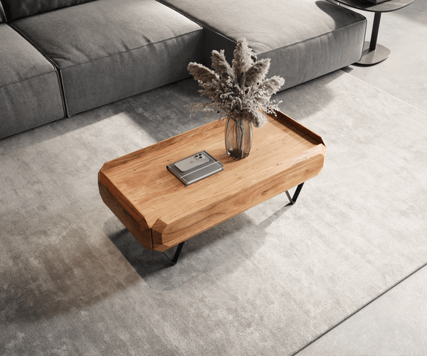 Coffee Table Kiano 100x50 cm 2 Drawers Acacia Wood Natural V-Feet Black