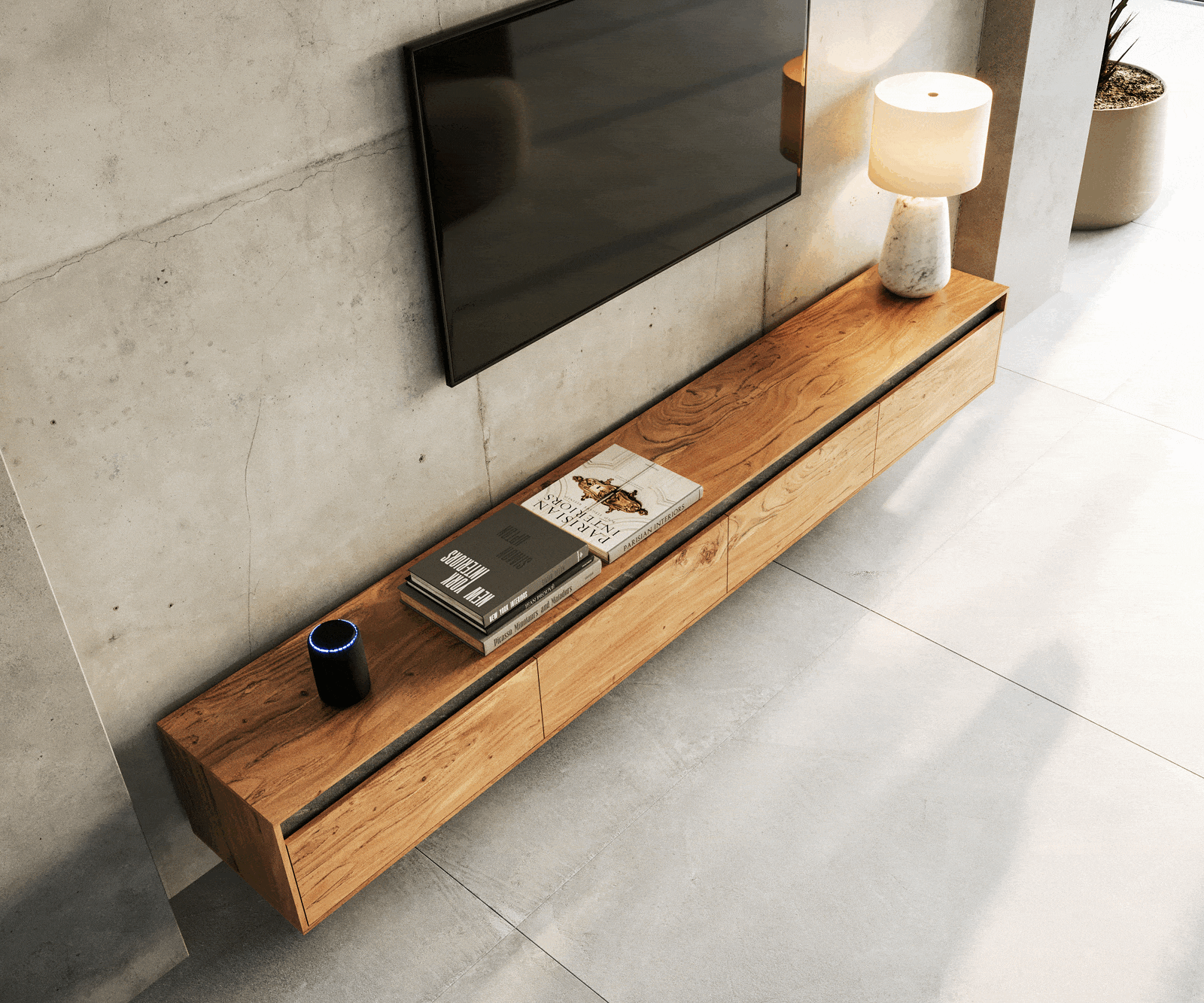 Floating TV Stand Stonegrace 240cm Acacia Wood Natural 4 Doors Stone Veneer