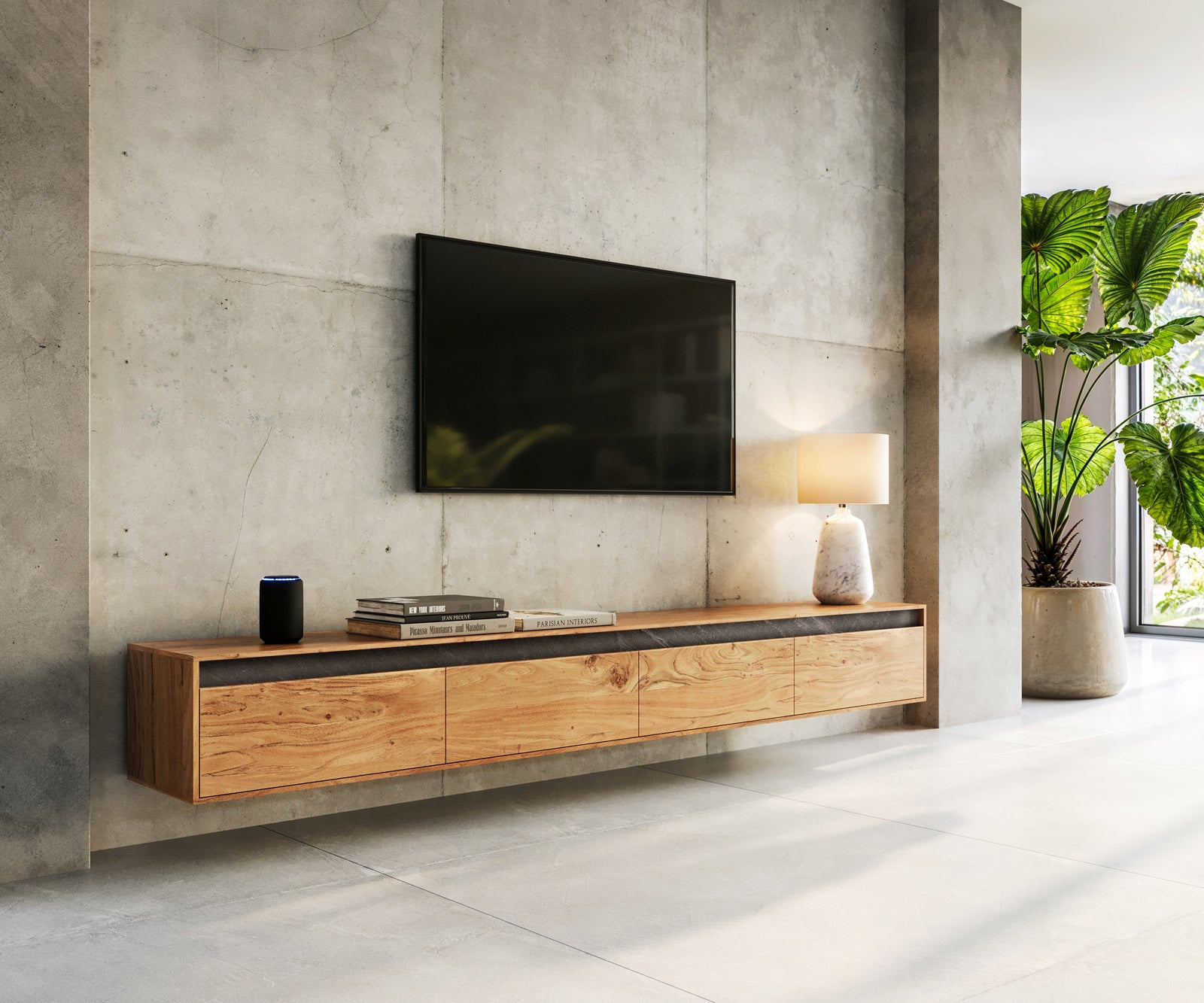 Floating TV Stand Stonegrace 240cm Acacia Wood Natural 4 Doors Stone Veneer