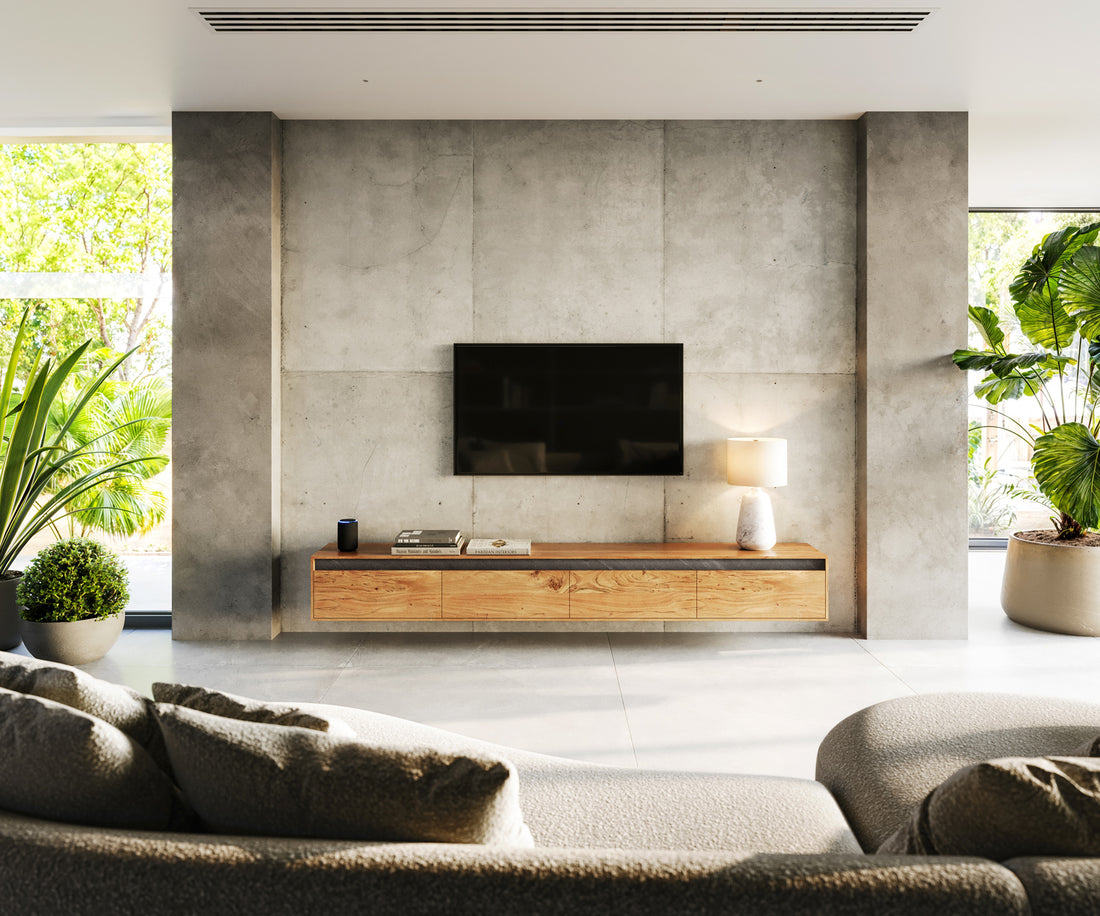 Floating TV Stand Stonegrace Straight-Edge 240cm Acacia Wood Natural 4 Doors Stone Veneer