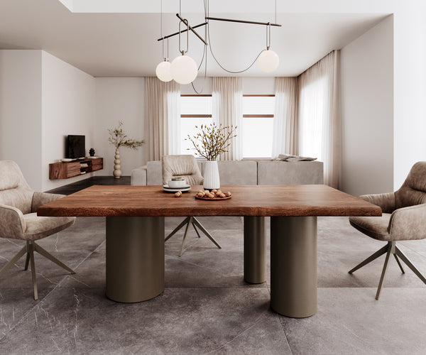 Dining Table Olympus Live-Edge 200x100cm Acacia Wood Brown Three Pillars Frame Titanium 55mm Top