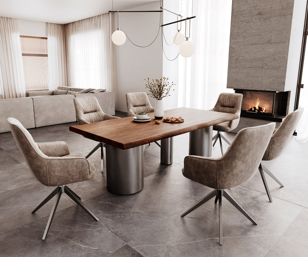 Dining Table Olympus Live-Edge 200x100cm Acacia Wood Brown Three Pillars Frame Graphite 55mm Top