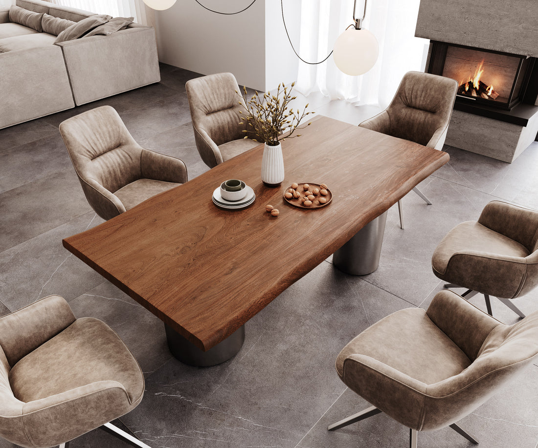 Dining Table Olympus Live-Edge 200x100cm Acacia Wood Brown Three Pillars Frame Graphite 55mm Top