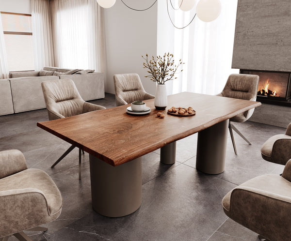 Dining Table Olympus Live-Edge 200x100cm Acacia Wood Brown Three Pillars Frame Titanium 35mm Top