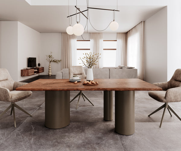 Dining Table Olympus Live-Edge 200x100cm Acacia Wood Brown Three Pillars Frame Titanium 35mm Top