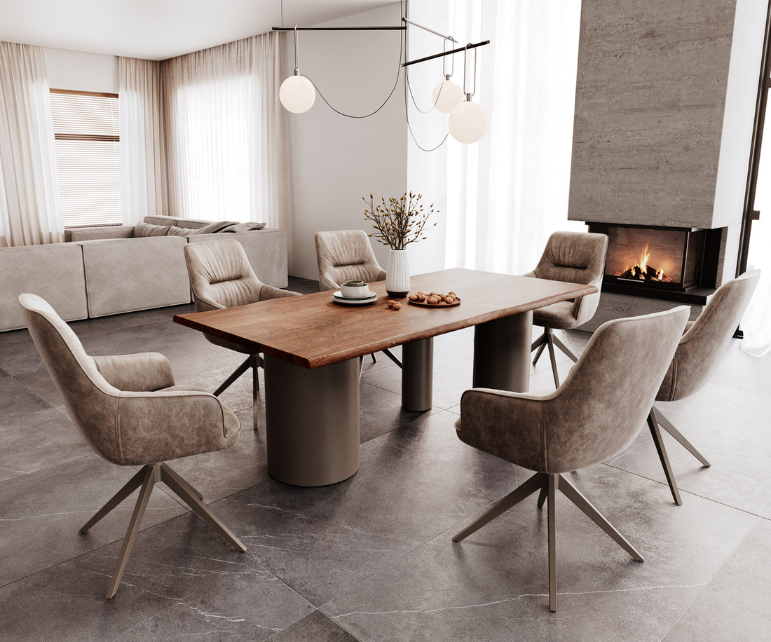 Dining Table Olympus Live-Edge 200x100cm Acacia Wood Brown Three Pillars Frame Titanium 35mm Top