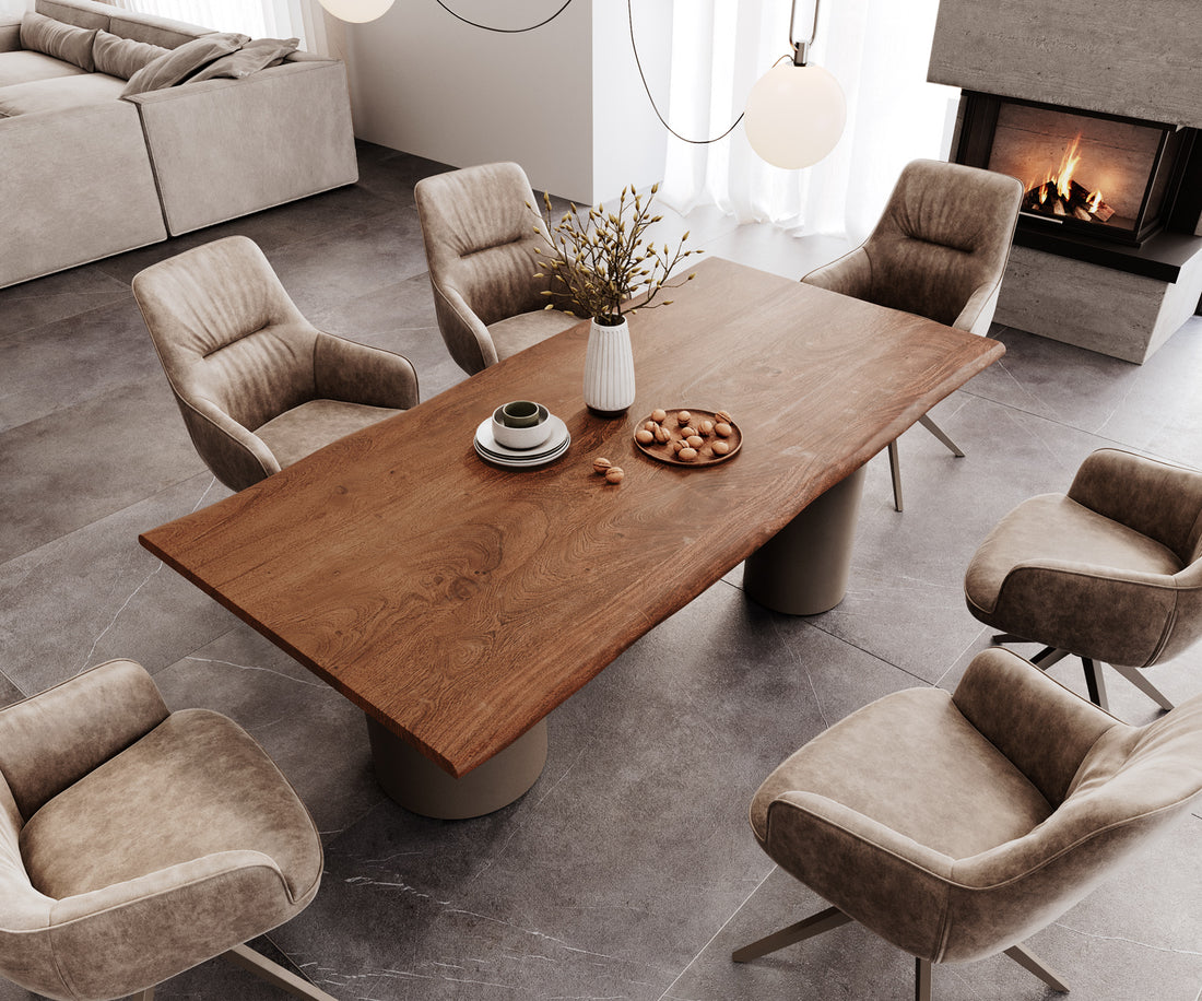 Dining Table Olympus Live-Edge 200x100cm Acacia Wood Brown Three Pillars Frame Titanium 35mm Top