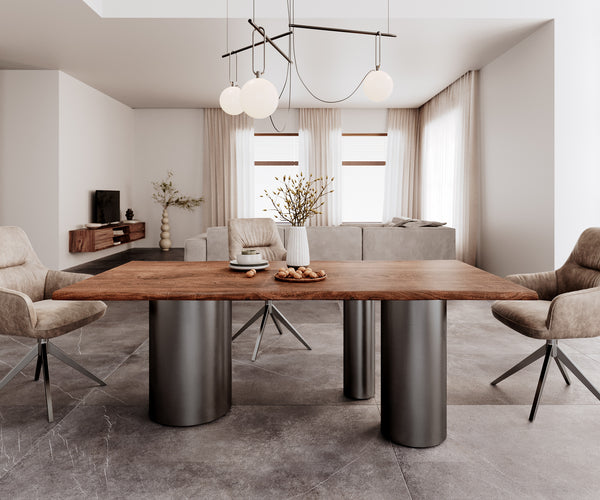 Dining Table Olympus Live-Edge 200x100cm Acacia Wood Brown Three Pillars Frame Graphite 35mm Top