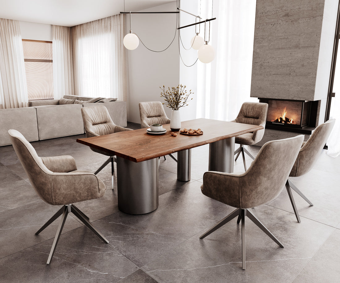 Dining Table Olympus Live-Edge 200x100cm Acacia Wood Brown Three Pillars Frame Graphite 35mm Top