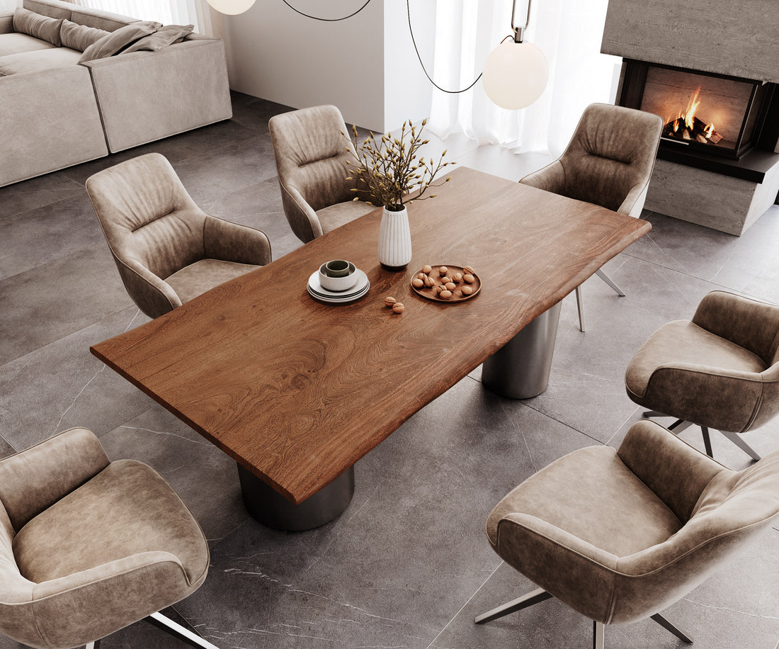 Dining Table Olympus Live-Edge 200x100cm Acacia Wood Brown Three Pillars Frame Graphite 35mm Top