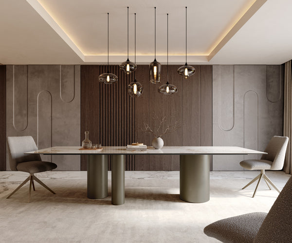 Dining Table Aurora 300x100cm Ceramic Beige Three Pillars Frame Titanium