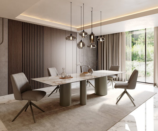 Dining Table Aurora 300x100cm Ceramic Beige Three Pillars Frame Titanium