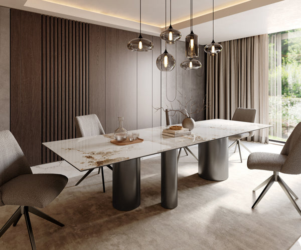 Dining Table Aurora 300x100cm Ceramic Beige Three Pillars Frame Graphite