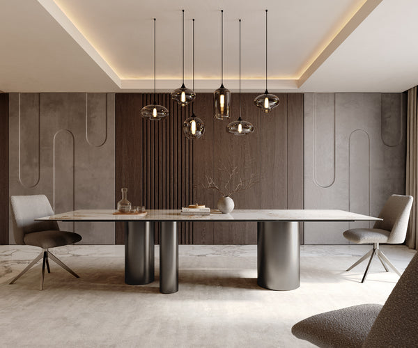 Dining Table Aurora 300x100cm Ceramic Beige Three Pillars Frame Graphite
