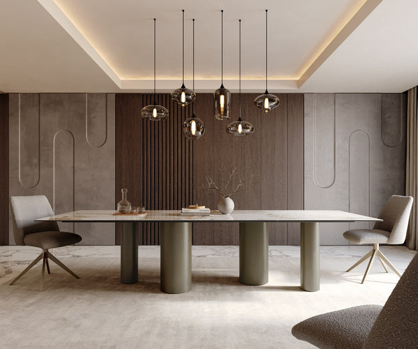 Dining Table Aurora 300x100cm Ceramic Beige Four Pillars Frame Titanium