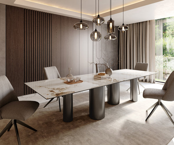Dining Table Aurora 300x100cm Ceramic Beige Four Pillars Frame Graphite