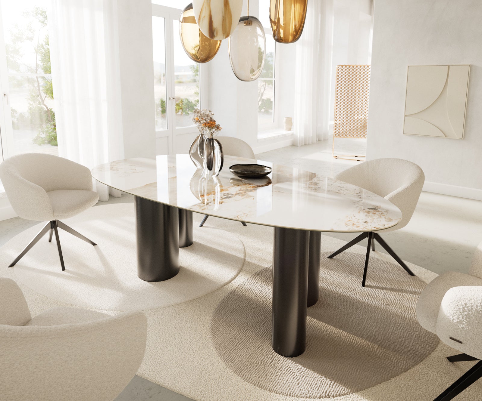 Dining Table Aurora Oval 220cm Ceramic Minas Melange Beige Four Pillars Frame Graphite