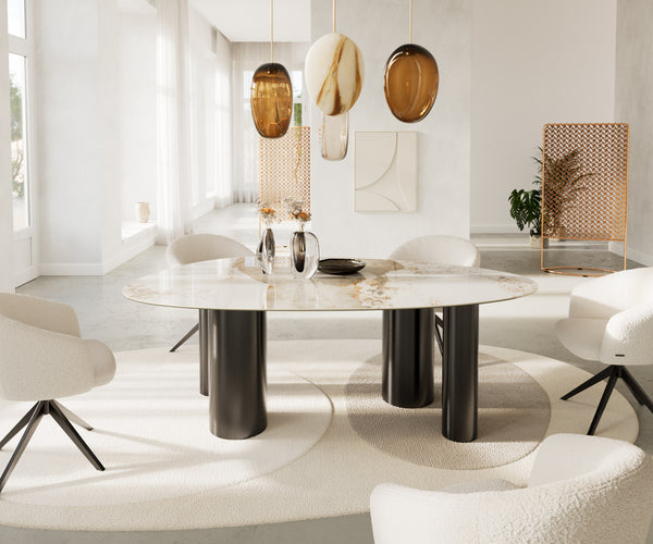 Dining Table Aurora Oval 220cm Ceramic Minas Melange Beige Four Pillars Frame Graphite