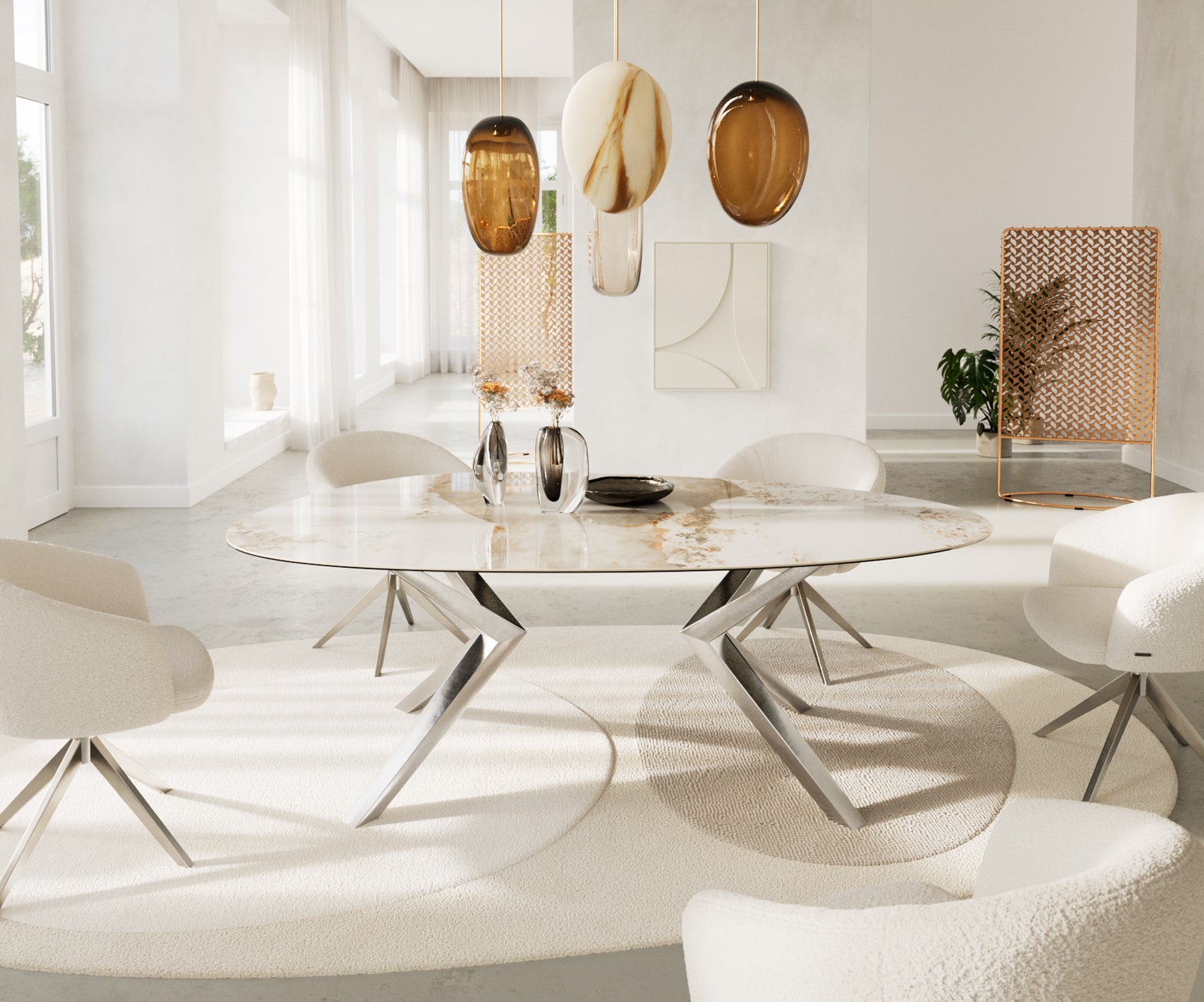 Dining Table Aurora Oval 220cm Ceramic Minas Melange Beige Zenthara Frame Silver
