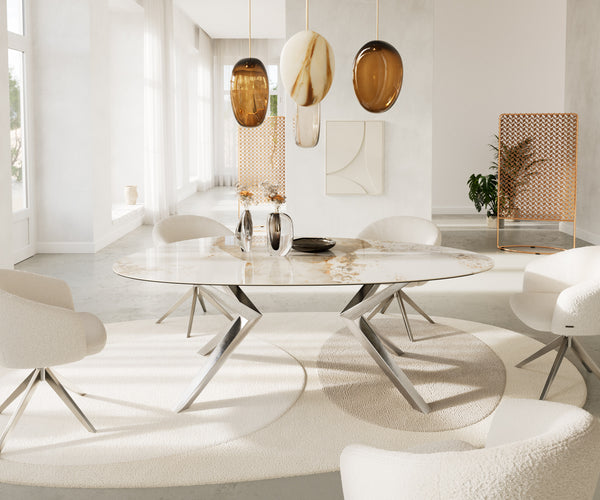 Dining Table Aurora Oval 220cm Ceramic Minas Melange Beige Zenthara Frame Silver